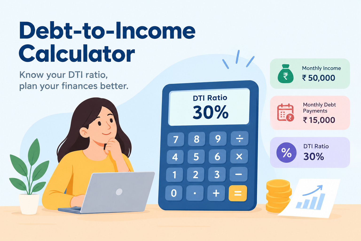 Debt-to-income calculator showing a 30% DTI ratio based on ₹50,000 monthly income and ₹15,000 monthly debt payments, helping borrowers understand debt affordability and manage personal finances.